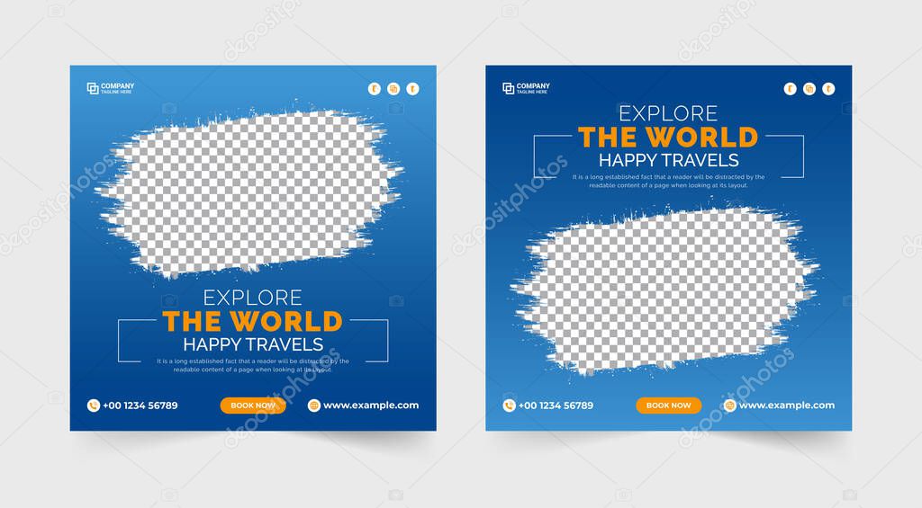 Tour Travel agency promotion template. Tour social media post. Travel vacation square discount offer banner. Outdoor adventure discount offer template. Holidays travel tour social media template. 
