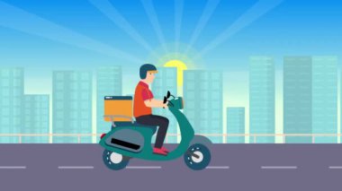 Teslimat servisi 4K animasyon. Şehir merkezinde mobilete binen teslimatçı. Çevrimiçi alışveriş ve dağıtım konsepti 4K video döngüsüne girdi. Şehir manzaralı ve güneşli arka planda bir adam.