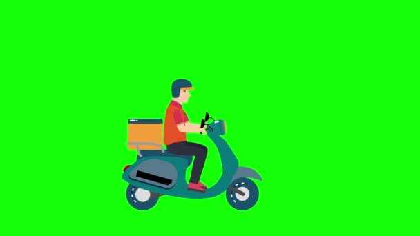 一个送货员骑着一辆绿色背景4K动画的摩托车 在线订单和家庭送货概念循环动画 绿色屏幕上的送货人驾驶摩托车 食品交付服务 — 图库视频影像