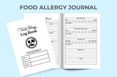 Gıda alerjisi KDP iç dizüstü bilgisayarı. Günlük yemek alışkanlığı takip cihazı ve alerji semptomları kontrol günlüğü şablonu. KDP dahili kayıt defteri. Gıda alerjisi ilaç defteri ve ağrı kesici günlük..