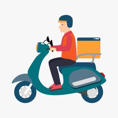 Bisiklete binen bir teslimatçı. Scooter vektör tasarımlı bir teslimatçı. Çevrimiçi sipariş teslimat kavramı. Yemek ya da alışveriş servis konsepti düz tasarım. Düz karakter illüstrasyonu.