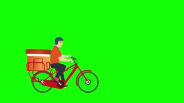 Yeşil arka planda bisiklete binen bir teslimatçı 4K animasyon. Çevrimiçi alışveriş ve yemek teslimatı kavramı. Bisikletle eve teslimat. Yiyecek teslimatı için yeşil ekranda çalışan bisiklet..