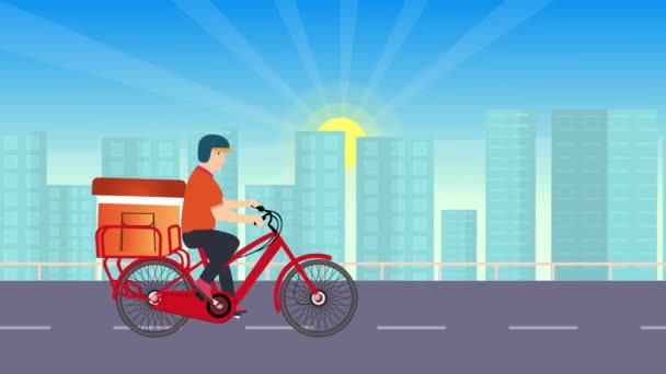 Dostawa Domu Rowerze Animacja Dostawca Jeżdżący Rowerze Mieście Zakupy Online — Wideo stockowe