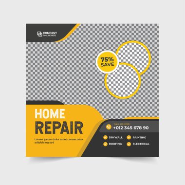 Ev onarımı ve inşaat hizmeti sosyal medya paylaşımı. Tamirci servis afişi. Modern ev yapımı ve ev geliştirme afiş şablonu. Konut geliştirme ve inşaat hizmeti broşürü.