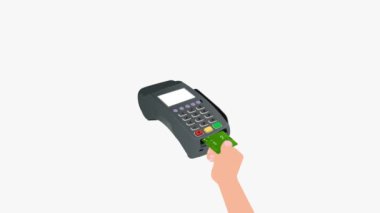 4K animasyon kartıyla ödeme. Ticaret kartı ödeme sistemi animasyonu. Posta terminali üzerinden kartla ödeme. Ödeme terminali animasyon para aktarımı makbuzla. Eşyalar için ödeme animasyonu.