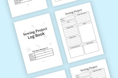 KDP projesinin iç dizüstü bilgisayarı. Needlework proje görev takip cihazı ve iş bilgileri günlük şablonu. Bir kayıt defterinin içi KDP. Proje kumaş ölçüm defteri dikilüyor.