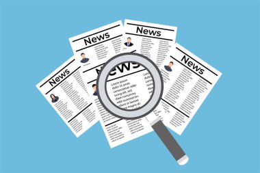 Bir büyüteçle gazetelerden veri aranıyor. Gazetelerden veri ve diğer bilgileri topluyorum. Özgeçmişi ya da gazetesi olan düz karakter tasarımı ve büyüteç tutan bir el..