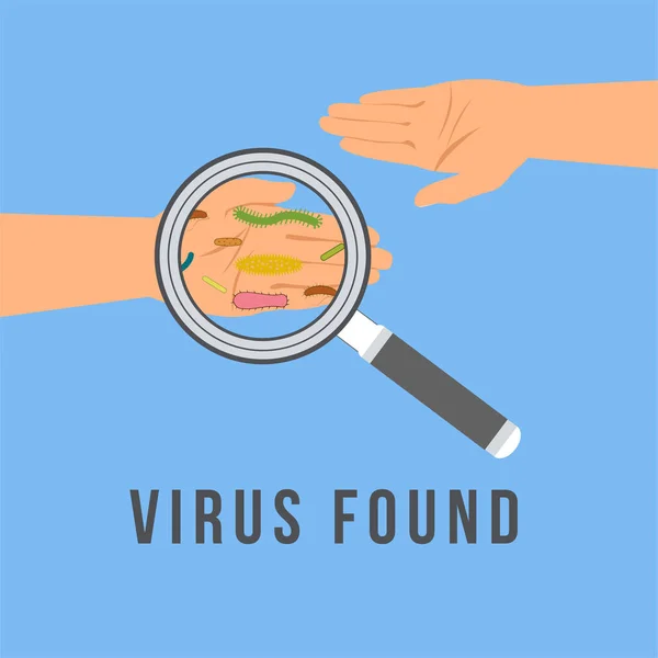 手の概念上のウイルスや細菌 虫眼鏡で手をチェックし Covid 19を検索します コロナウイルスは虫眼鏡で手に発見されました 人間の手のひらの上の拡大鏡と細菌細胞 — ストックベクタ