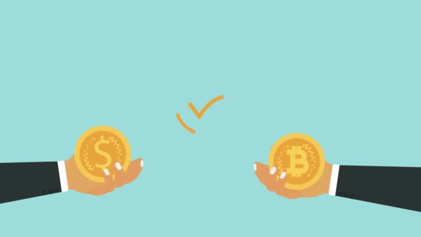 Wisselgeld Wisselen Tussen Twee Zakenmensen Animatie Bitcoin Dollar Uitwisseling Concept — Stockvideo