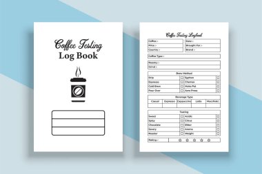KDP 'nin içerisindeki kahve tatma defteri. Kahve bilgisi ve doku değerlendirme dergisi şablonu. KDP dahili kayıt defteri. Kahve tadı derecelendirme ve demleme yöntemi iç dizüstü bilgisayarı kullanma.