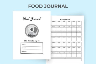 Haftalık Gıda Planlayıcısı KDP iç mimarisi. Yemek alışkanlığı takip cihazı ve haftalık yiyecek rutin not defteri şablonu. KDP dahili dergisi. Gıda takvimi ve içerideki bilgi takip cihazı. Diyet bilgi denetleyici.