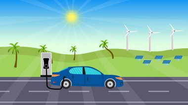 Elektrikli araba güç kabini kavramından güç alır. Mavi arabalı doğal güç kaynağı fikri. Yel değirmenleri ve güneş panelleri doğal enerji üretir ve arabalar elektrikle şarj olur..