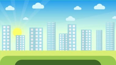 Kentsel alan 4K animasyonunda yel değirmenleriyle doğal enerji üretim kavramı. Yeşil bir alanda dönen yel değirmenleri ve şehir manzarası. Güneşli bir günde havadan elektrik üretiyor..