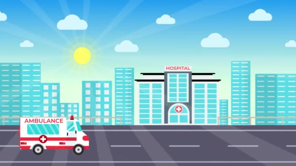 Mentő Érkezik Kórházba Egy Városi Területen Animációval Egy Mentő Megállt — Stock videók