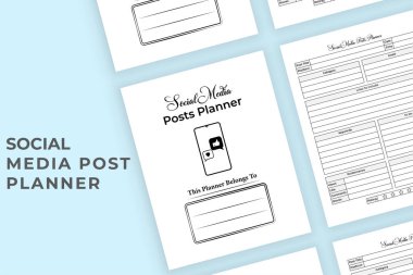 Sosyal medya ajandası KDP iç mimarisi. Günlük yazarı bilgi izleyici ve anahtar sözcük denetleyici şablonu. KDP dahili kayıt defteri. Günlük sosyal medya posta planlayıcısı ve iz sürücü iç.