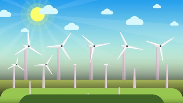 Windmills Spinning Greenfield Sunny Day Animation Natural Power Supply Wind — Video