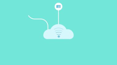 Cihazlar ve sosyal medya Wi-Fi servisi 4K animasyonuna bağlanıyor. İnterneti bir kablosuz ağ ve sosyal medya bağlantısı görüntüleriyle kullanmak. Ev ve aygıtları bağlayan ağ simgesi canlandırması.