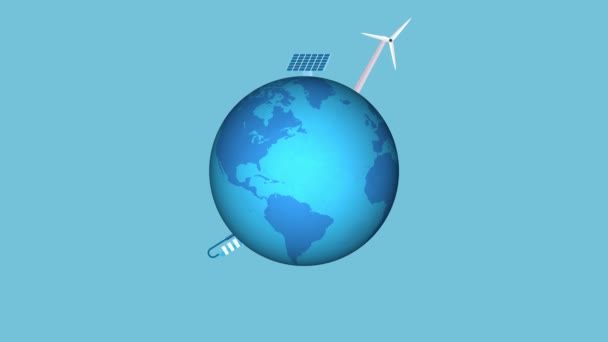 Koncept Přírodního Napájení Globem Větrnými Mlýny Animací Solárního Panelu Ekologická — Stock video