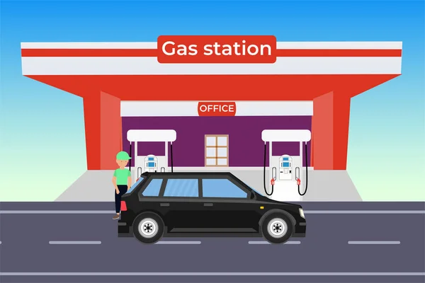 자동차는 주유소 벡터로부터 연료나 가스를 얻는다 주유소 직원들은 자동차 탱크에 — 스톡 벡터
