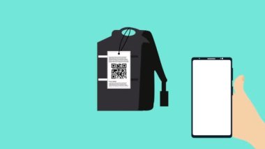 Scanning QR code from a bag for payment 4K animation. Paying bills online using a mobile phone to scan QR codes on products. Hand scanning product price from QR code and Scanning QR code from a bag fo