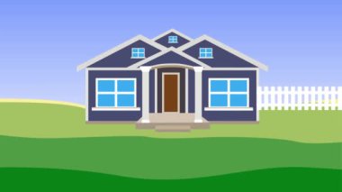 Building a white fence around a modern house 4K animation. Boys are making fences for their house on a green field. House construction work with two men and a modern home animation.