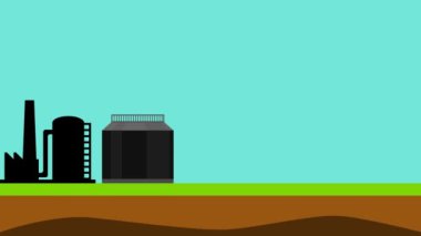 Oil production field concept 4K animation. Working oil pump jacks on a greenfield extracting crude oil 4K footage. Oil rig station with storage and process mills animation video.