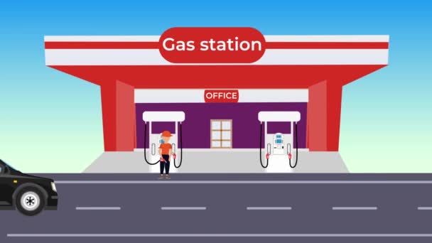 Black Car Getting Fuel Gas Station Animation Petrol Pump Worker — Vídeos de Stock