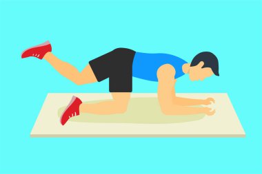 Kalça kası vektörü için bacak esnetme egzersizi yapan bir adam. Çocuk formda vücut ve kalça kasları için gökkuşağı egzersizi yapıyor. Düz çocuk karakteri çizimi sağlık için çalışıyor..