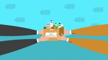 4K gıda bağış konsepti animasyonu. Adam alfa kanallı animasyon videosu olan fakir insanlara yiyecek bağışlıyor. Bir kutu yiyecek ve insan eli 4K görüntülü bağış konsepti..