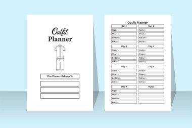 Kıyafet tasarımcısı KDP 'nin iç dizüstü bilgisayarı. Günlük moda kıyafetleri planlama ve günlük şablonu. KDP dahili kayıt defteri. Kıyafet planlayıcısı ve kostüm tasarımcısı düzenli bilgi takip defteri.