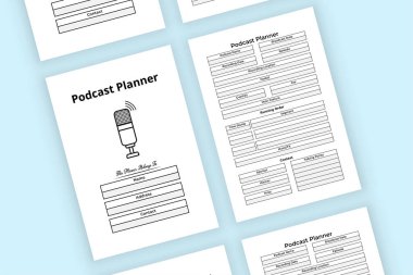 Podcast regular information tracker KDP interior. Podcast planner and running order info tracker template. KDP interior of a journal. Radio station regular activity checker and topic planner interior.
