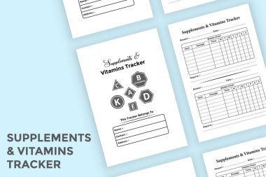 İçi KDP takviye ve vitamin izleyicisi. Düzenli vitamin dozu takip cihazı ve ek bilgi defteri içi. KDP dahili dergisi. Ek ve vitamin listesi not şablonu.