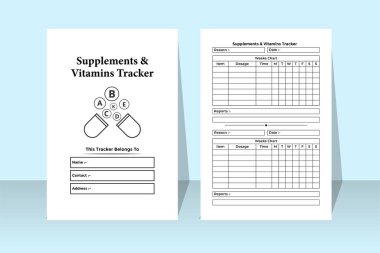 Vitamin İzleyici KDP dahili dergisi. Düzenli takviye ve içerideki vitamin bilgi takip cihazı. KDP iç dizüstü bilgisayarı. Hasta ilaç bilgileri ve haftalık vitamin listesi şablonu.