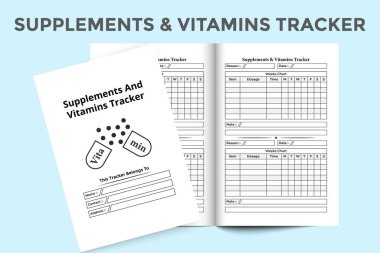 KDP 'nin içini takviye ve vitamin günlüğü şablonu. Düzenli vitamin dozu bilgisi ve ilaç listesi takip şablonu. KDP dahili kayıt defteri. Ek ve vitamin bilgi takip cihazı içereName.