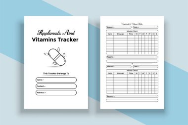 KDP 'nin içerisine ek ve vitamin defteri. Hastanın düzenli tıbbi bilgi kontrol kontrol defterinin içi. KDP dahili dergisi. Ek ve vitamin listesi izleyici ve kayıt defteri şablonu zamanlaması.