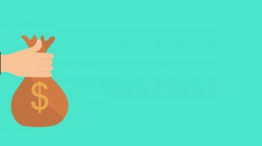 El ele tutuşup birbirlerine animasyon videoları veriyorlar. Bir iş adamına 4K animasyon için para çantası vermek. İki insan eli ile çuval dolusu para. İş ve mali para aktarım görüntüleri.