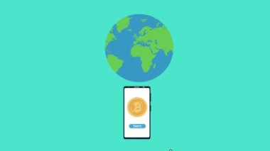 Cep telefonu 4K animasyonu olan herhangi bir yere bitcoin göndermek. Akıllı telefon ve altın bitcoin görüntülü küresel iş konsepti. Dünya haritası ve konum pin animasyonu ile para aktarım kavramı.