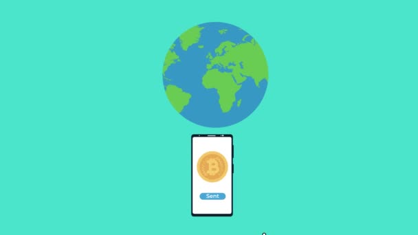 Wysyłanie Bitcoina Gdziekolwiek Animacją Globalna Koncepcja Biznesowa Smartfonem Złotymi Bitcoinami — Wideo stockowe