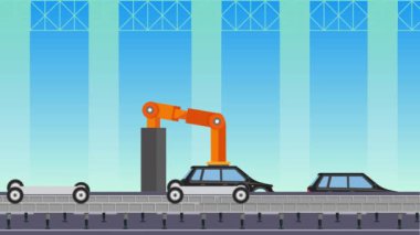 Siyah araba çerçevesi ve tekerleği olan araba montaj fabrikası animasyonu. Otomatik robot kolu montaj hattı 4K görüntüsü üretiyor. Robot kolu animasyon video ile otomobil üretim fabrikası.