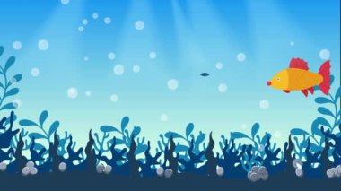 Su ve mercan yapraklarının içinde yemek yiyen balıklar. Hava kabarcıkları ve mercan yapraklı mavi okyanus suyu 4K görüntü verir. Renkli deniz balığı düz tasarımı mercan resifi ve taşlı animasyon videosu.