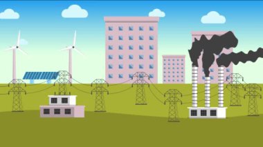 Güneş panelleri, yel değirmenleri ve rafineri görüntüleriyle elektrik üretimi. Uzun elektrik direği 4K animasyonlu elektrik kaynağı. Şehir binaları animasyonu ile elektrik aktarım yöntemi.