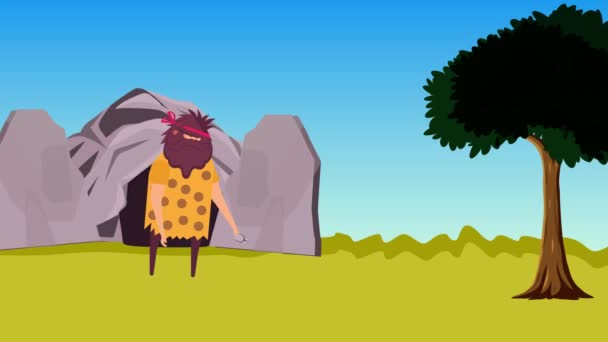 Mağara Adamı Düz Karakter Animasyonuna Taş Duvar Çiziyor Taş Mağarası — Stok video