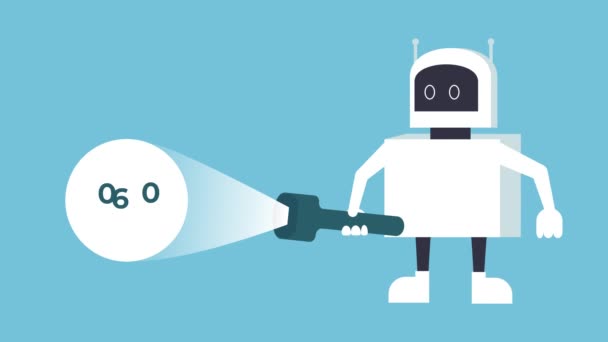 Robô Branco Procura Erro 404 Com Uma Luz Tocha Animação — Vídeo de Stock