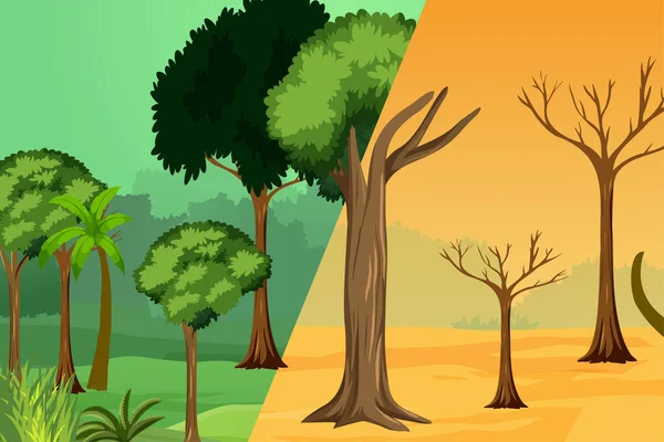 Globalne Ocieplenie Wektor Problemu Wylesiania Przed Globalnym Ociepleniu Drzewach Zielonymi — Wektor stockowy