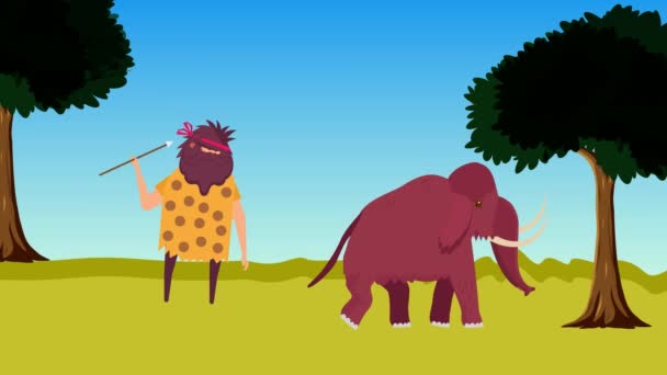 Caveman Hunting Mammoth Spear Jungle Animation Prehistoric Caveman Hunting Food — Stock Video