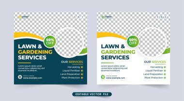Bahçe işleri ve tarım çiftliği sosyal medya posta vektörü. Bahçıvanlık ve çim temizleme servisi broşürleri. Çim biçme ve peyzaj işi reklam afişi illüstrasyon.