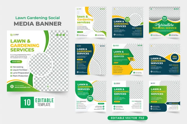 Bahçe ve bahçıvanlık hizmeti sosyal medya afişi reklam için. Tarım ve tarım sektörü reklam pankartı koleksiyonu yeşil, mavi ve sarı renklidir. Bahçe ilanı şablonu seti.