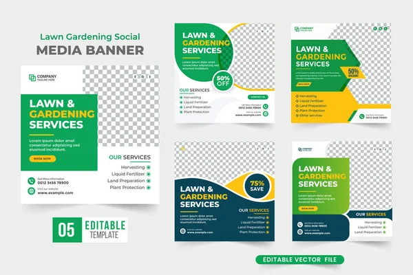 Jardinería Césped Colección Banners Redes Sociales Con Colores Azul Verde — Vector de stock