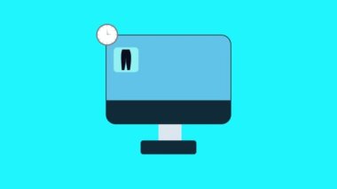 Çevrimiçi alışveriş ve renkli alışveriş torbalarıyla satın alma animasyonu. İnternetten kıyafet almak ve 4K kartıyla para ödemek. Bilgisayar monitörü animasyonlu video ile evden alışveriş.