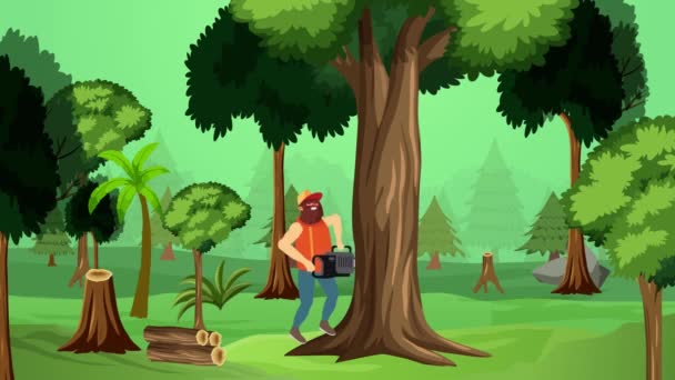 大きな木の4Kアニメーションを切断Lumberjack 髭が長くチェーンウッドカッターで4K映像が見られます 木材を伐採し 木材の概念を切断するフラットキャラクターアニメーション — ストック動画